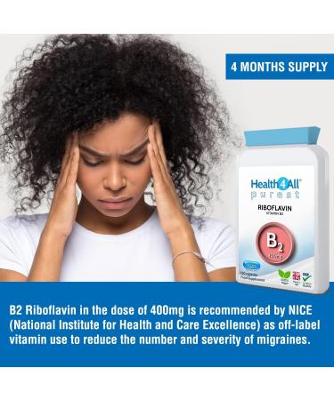 Health4All Vitamin B2 Riboflavin 400mg 120 Capsules - Migraine Support | Vegan, High Strength Supplement - Buy Online on GoSupps.com
