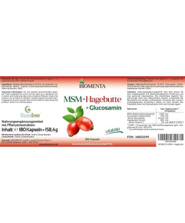 Biomenta MSM + Rose Hip + Glucosamine - 180 Allergen-Free Vegan Capsules | High-Dose 1200mg Sulfur 750mg Glucosamine HCL 300mg Rose Extract - Premium Quality - Buy Online on GoSupps.com