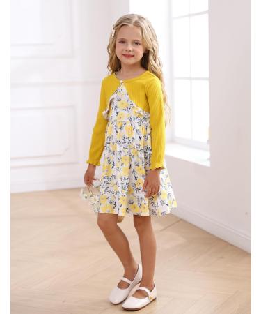 Puseky Toddler Girl Floral Print Sleeveless Dress and Ribbed Cardigan Set - 18-24 Months Yellow - Buy Online on GoSupps.com