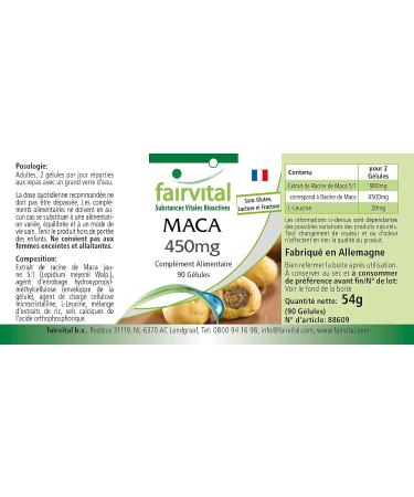 Fairvital | Maca 450mg Strong - with 4500mg of maca root per daily dose - Anti-stress Invigorating & Energy - High dosed - VEGAN - 90 capsules - Buy Online on GoSupps.com