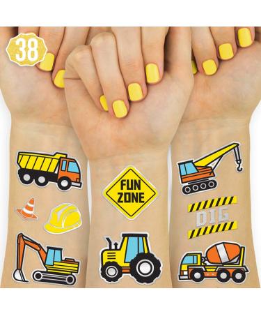 xo, Fetti Construction Party Supplies Temporary Tattoos - 38 Glitter Styles | Digger, Excavator, Bulldozer, Hard Hat, Dump Truck, Road Roller, Cone