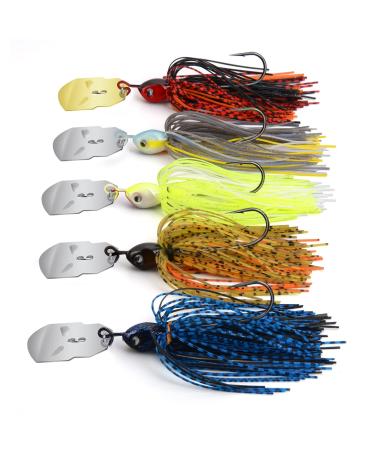 MadBite Bladed Jig Fishing Lures 5 pc and 3 pc Multi-Color Kits Irresistible Vibrating Action Sticky-Sharp Heavy-Wire Needle Point Hooks Popular 3/8 oz and 1/2 oz Sizes Includes Storage Box A: 5 Pack (3/8oz) - Clear Water & Muddy Water