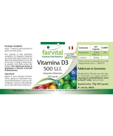 Fairvital | Vitamin D3 500 IU - box of 100 days - Highly dosed - 100 caps - cholecalciferol - Buy Online on GoSupps.com