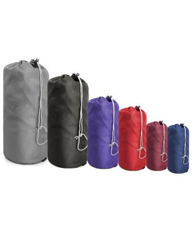 BeeGreen Stuff Sacks 6 Pack for Backpacking with Dust Flap Ditty Bags Bulk for Camping Gear Outdoor Products Gym Sport Travel Nylon Drawstring Bags Foldable Lightweight Grey black purple red wine Red navy Blue 6