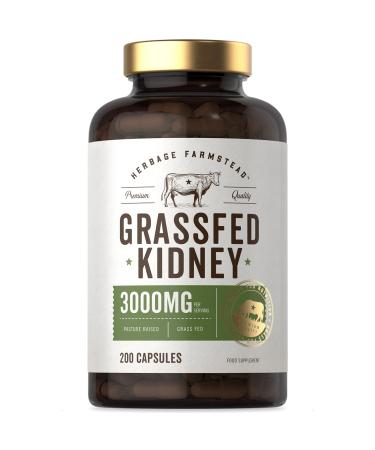 Grass Fed Beef Kidney Supplement | 3000mg | 200 Capsules | Dried & Desiccated | No Artificial Preservatives | by Herbage Farmstead