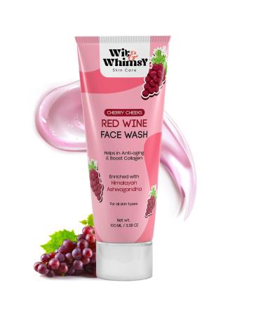 Wit & Whimsy Cherry Cheeks Red Wine Face Wash Ayurvedic Face Cleanser Enriched With Himalayan Ashwagandha Extract Support Collagen Building For Oily Dry & Sensitive Skin Type - 100ML (3.38 Oz)