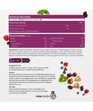 Kids Iron & Vitamin C Gummies - 4 Months Supply - Natural Mixed Berry Flavor - Boosts Energy & Immune System - Vegan & No Aftertaste - Buy Online on GoSupps.com