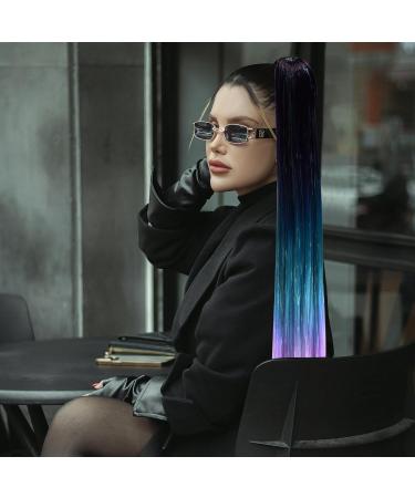 Rainbow Ponytail Hair Extensions Colorful Braided Ponytail Hair Extensions Ombre Hair Extensions Elastic Straight Fashion Wraparound Braided Hair For Girls Women (Black/Blue/Purple) - Buy Online on GoSupps.com