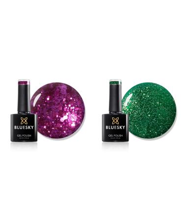 Bluesky Gel Nail Polish Set Duo Secret Santa 63901 And Elf 63902 Purple Green Glitter Long Lasting Chip Resistant 10 ml (Requires Drying Under UV LED Lamp)