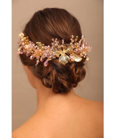 Chargances Bridal Gold Flower Leaf Hair Vine Wedding Pink Crystal Beaded Headband Dainty Rhinestone Handmade Hair Accessories for Women and Girls Brides - Buy Online on GoSupps.com