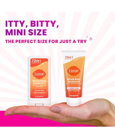 Lume Whole Body Deodorant - Invisible Cream + Solid Stick Mini Bundle - 72 Hour Odor Control - Aluminum & Baking Soda Free Skin Loving - 0.5 Ounce Each - Travel Trial Size Minis (Clean Tangerine) - Buy Online on GoSupps.com