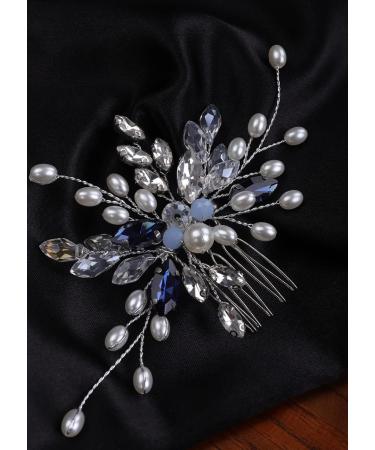 Deniferymakeup Bride Wedding Hair Comb Silver Crystal Deep Blue Hair Comb Beaded Headpieces Pearl Hair Accessories Jewelry for Women and Girls (Deep Blue) - Buy Online on GoSupps.com