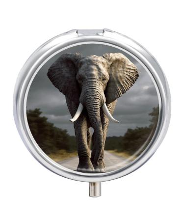 Round Pill Box 3D Elephant_ Print 3 Compartment Medicine Pill Case Print Pill Organizer Decorative Metal Portable Pill Box Pocket Pill Box Style