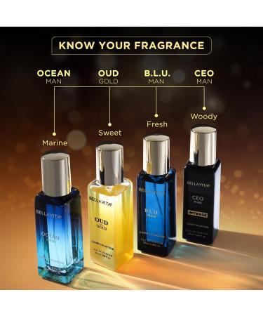 Bella-Vitaa Luxury Collection Eau De Parfum Gift Set 4 x 20ml for Men & Women with OUD GOLD OCEAN B.L.U & CEO Man Perfume|Long Lasting EDP Fragrance Scent - Buy Online on GoSupps.com