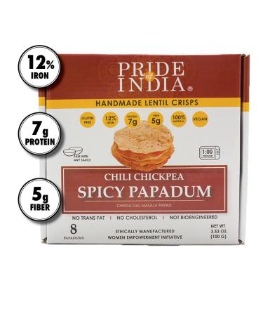 Pride Of India - Spicy Chickpea Masala Papadum Lentil Crisp, 10 count (3.53oz - 100gm) - Microwaveable Instant Chips, Gluten-Free Vegan Crackers, Healthy Protein, Fiber & Iron Rich Snacks Spicy Chickpea (Chana Dal) Masala Papadum 3.53 Ounce (Pack of 1)
