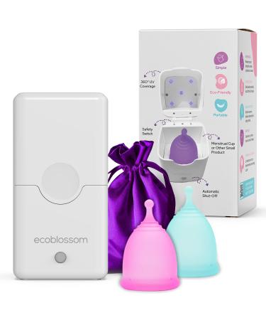 Ecoblossom Menstrual Cup Sterilizer - Modern Menstrual Cup Cleaner Unscented Sanitizer - 2-Minute Automatic UV Wash - Holder Fits Small Soft & Large Period Disc - UV Wipes Out 99.9% of Germs (+ Cups) UV Sterilizer + Cups
