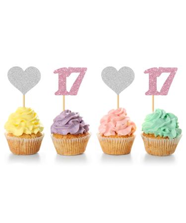 MonMon & Craft 17th Birthday Cupcake Toppers - Number 17 Sign - Girls 17th Birthday Cupcake Toppers - Sweet 17 Dessert Decor- Cheers to 17 Years Party Decorations Pink Silver Glitter - 24 Pcs