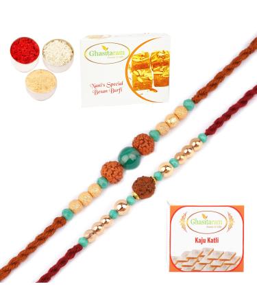 Ghasitaram Gifts Rakhi for Brother Rakhis Online - Set of 2-1891 and 1903 Rudraksh Rakhis with 200 GMS of Besan Barfi and 200 GMS of Kaju Katli
