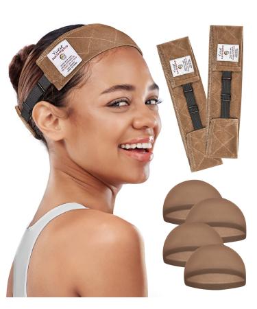 Yuest Wig Grip Wig Bands for Keeping Wigs in Place Velvet Wig Grips Headband No Slip Wig Gripper 2 Pcs Brown-2 pcs Wig Grip+4 pcs Wig Cap