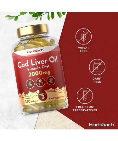 Cod Liver Oil Capsules High Strength | 2000mg | 360 Count | with Omega 3 Vitamin D and A | with 180mg of DHA and 130mg of EPA | by Horbaach - Buy Online on GoSupps.com