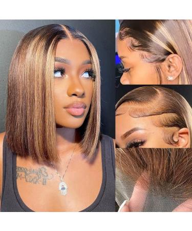 Ombre Bob Wig Human Hair 13x4 HD Lace Front Wigs 12 Inch 4/27 Highlight Glueless Wigs Human Hair Pre Plucked with Baby Hair 150 Density Honey Blonde Short Bob Wig for Black Women Human Hair 12 Inch Omber Bob Wigs