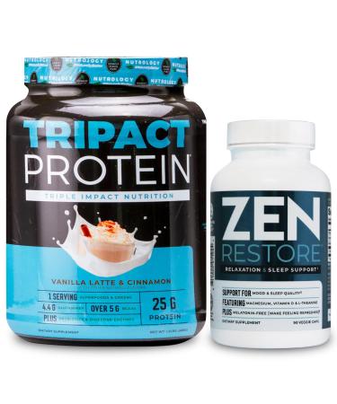 Nutrology TRIPACT Protein Powder 7-in-1 Meal Replacement Shake Vanilla Latte Cinnamon Flavor (20 Servings) Zen Natural Magnesium Supplement (30 Servings)