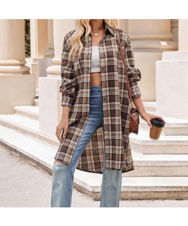 Yihaojia Women's Casual Lapel Button Down Long Plaid Shirt Coat 2023 Fall Styles Women Plaid Trench Coats Cardigans Thin Coffee#61 Small - Buy Online on GoSupps.com