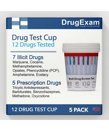 5 Pack - DrugExam Made in USA 12 Panel Drug Test Cup Kit with Temperature Strip-Testing Marijuana THC50/AMP500/BAR300/BZO300/COC150/MDMA500/MET500/MTD300/OPI300/OXY100/PCP25/TCA1000.Urine Test.