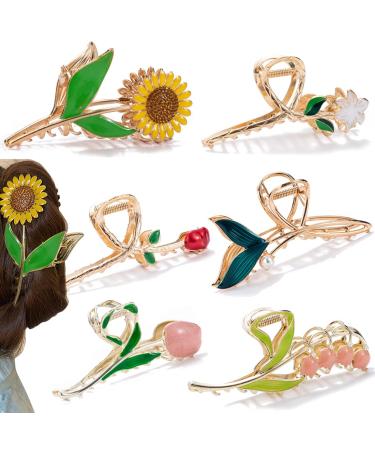 6 Pack Hair Clips Claw Clips Flower Metal Hair Clips Tulip Flower Large Hair Claw Clips for Women Girls 90s Non Slip 6 Styles Strong Hold Metal Claw clips Hair Clips for Women Thick Hair & Thin Hair