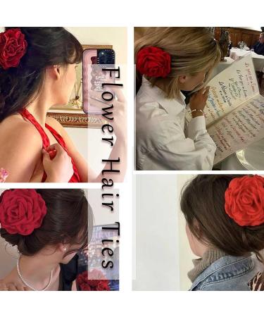 Pink Flower Hair Ties No Damage Silk Hair Scrunchies for Thick Hair Rubber Bands for Hair Red Rose Floral Hair Elastics High Ponytail Holder Prom Wedding Hair Accessories Jewelry for Women - Buy Online on GoSupps.com