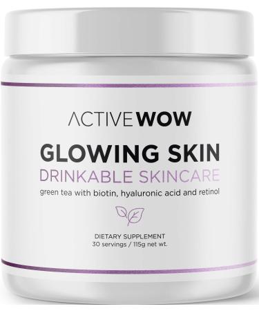 Active Wow Glowing Skin Powder - Glow Up Drinkable Skincare Collagen Powder with Hyaluronic Acid Biotin and Retinol Vegan Hair Skin and Nails Vitamins Powder Radiant Skin - Green Tea Powder 115g