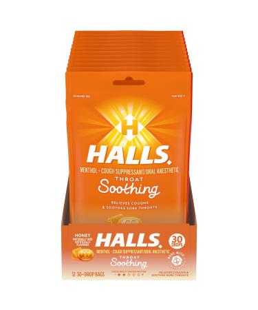 HALLS Throat Soothing Honey Flavor Cough Drops 12 Bags of 30 Drops (360 Total Drops)