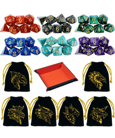 6 Sets DND Dice Polyhedral Dice Dungeons and Dragons Rolling Dice for RPG MTG Table Games Dice Bulk with Free Six Drawstring Bags and PU Leather D&D Dice Tray Single-color