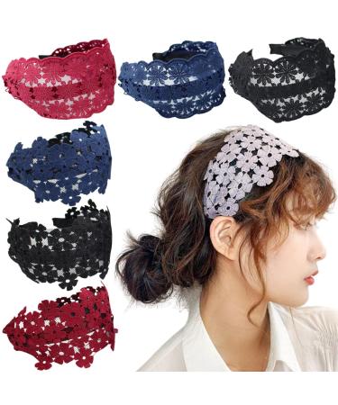 FZBNSRKO 5 Pcs Wide Lace Headband Wide Floral Lace Headbands Non-Slip Multicolor Lace Headband for Women and Girls Random Color