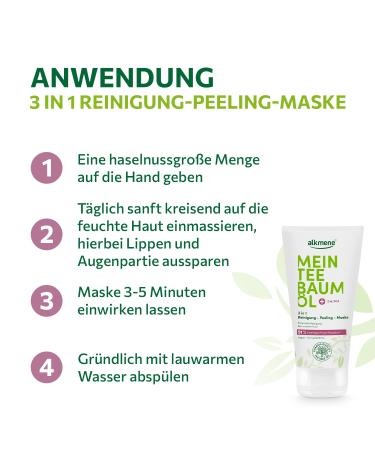 Alkmen Tea Tree Oil 3-in-1 Cleaning Peeling Mask | 150ml Pimple Reduction | Natural Vegan Formula for Blemished Skin | Climate Neutral | 91% Effectiveness - Buy Online on GoSupps.com
