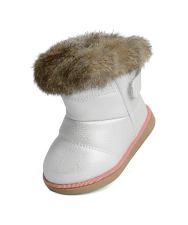 MINBEI Baby Girls Soft Leather Booties Winter Snow Boots Waterproof for Toddler Girls Pink White Rose Gold Brown 10 UK Child S411 White