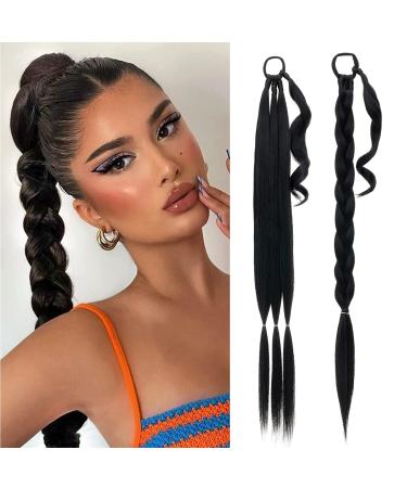 MY-LADY Long DIY Braided Ponytail Extension with Elastic Tie Straight Wrap Around Braid Hair Extensions Pony Tail Soft Synthetic Hairpiece for Women 34 inch Natural Black