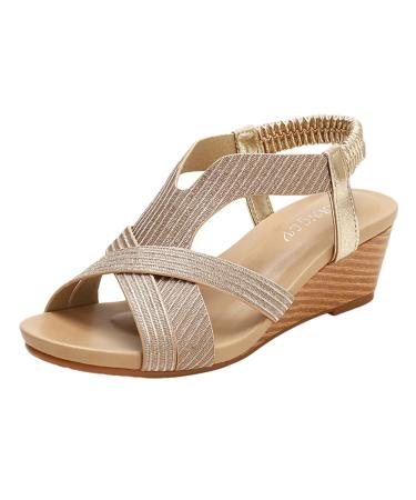 XTZ YGLD Women Bohemian National Style Open Toe Summer Comfortable Vacation Sandals Travel Slope Heel Roman Sandals Clog Sandals for Women Gold 8 UK Wide