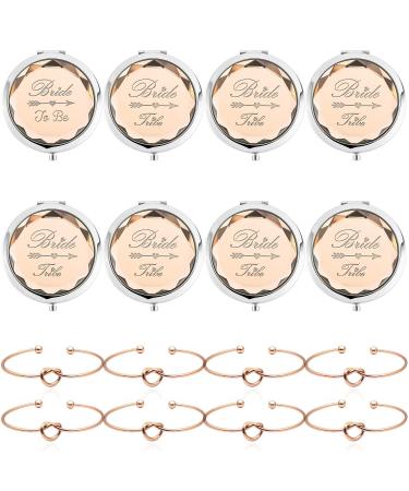 Pack of 8 Compact Pocket Makeup Mirrors Set Include 1 Bride to Be Mirror 7 Bride Tribe Mirrors and 8 Pack Bridesmaid Love Knot Bracelets for Bachelorette Party Bridesmaid Proposal Gifts(Champagne)