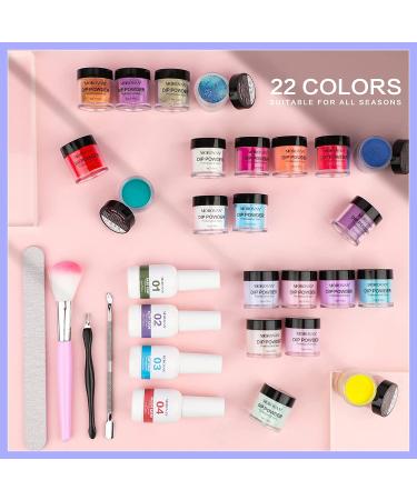 Morovan 30Pcs Dip Powder Nail Kit - 22 Colors Starter Set with Base, Top Coat, Activator, glitter - Yellow Purple French Dip Nails Colorful Powder Kit - Buy Online on GoSupps.com