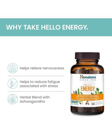 Himalaya Hello Energy with Ashwagandha Reduces Fatigue Associated with Stress 60 Vegetarian Capsules 1 Month Supply - Buy Online on GoSupps.com
