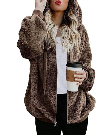 Warm Plush Hooded Winter Coat for Women | Zip Up Drawstring Jacket in Brown | Plus Size 5X-Large - Buy Online on GoSupps.com
