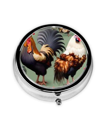 Rooster and Chickenround Pill Box 3 Compartment Round Pill Box Organizer Portable Travel Pill Box for Traveling.