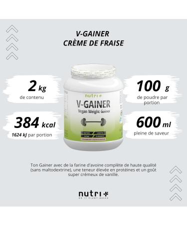 Nutri + Carbohydrate Protein Powder 2000g with Strawberry Cream Taste - Weight Gainer Vegan for Weight Gain - Nutri-Plus V-Gainer Mass - Buy Online on GoSupps.com