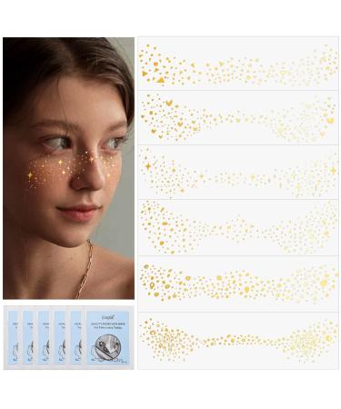 6 Styles Gold Glitter Freckle Patches Glow Up Metallic Temporary Faux Speckles Sticker Waterproof Flash Face Makeup for Music Festival Singer Dancer Halloween Christmas New Year Rave Party