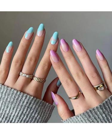 JUSTOTRY 24 Pcs Double Color Almond Short False Nails Pale Blue and Purple French Press on Nails Pattern Trendy Fake Nails Short with Nail Glue Nude Oval Medium Stick on Nails for Women blue&purple1