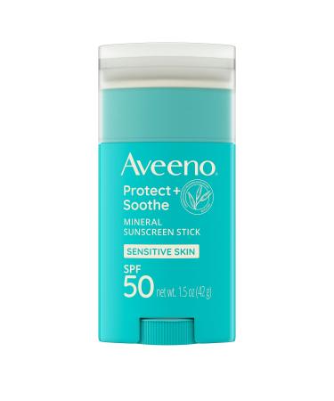 Aveeno Protect + Soothe Mineral Sunscreen Stick for Sensitive Skin with Broad Spectrum SPF 50, Water-Resistant Face & Body Sunscreen with Zinc Oxide & Oat, Fragrance-Free, Travel Size, 1.5 oz