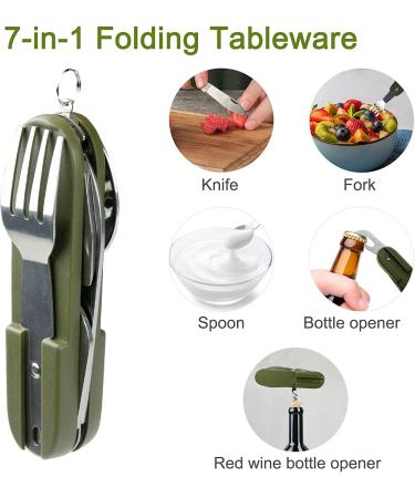 7-in-1 Stainless Steel Camping Utensil Set - Folding Tableware for Backpacking, Picnics, and Camping - Includes Fork, Knife, Spoon, Bottle Opener - Green - Buy Online on GoSupps.com