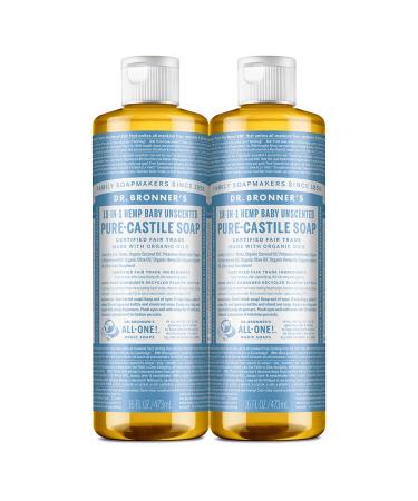 Dr. Bronners - Pure-Castile Liquid Soap (Baby Unscented, 16 ounce, 2-Pack) - Made with Organic Oils, 18-in-1 Uses: Face, Hair, Laundry and Dishes, For Sensitive Skin and Babies, No Added Fragrance