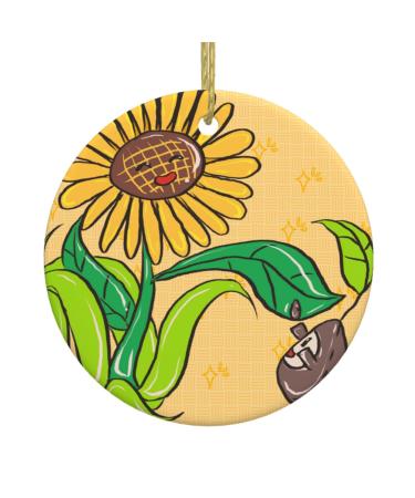 YYHHAOFA Sunflower Seeds and Sunflowers Pattern Christmas Ceramic Round Pendant Decoration - Festive Hanging Ornament for Stores and Homes -2.9 in